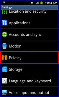 Settings Menu, Privacy